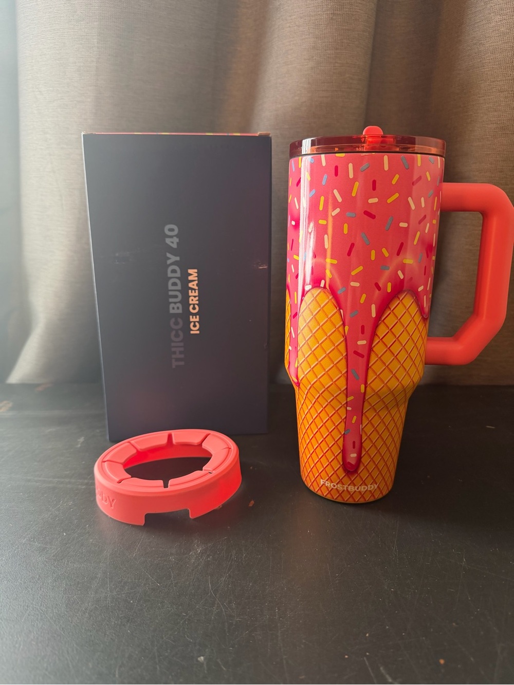 Thicc Buddy 40 Ice Cream Pink & Orange Travel Mug - Colorful Cone Design